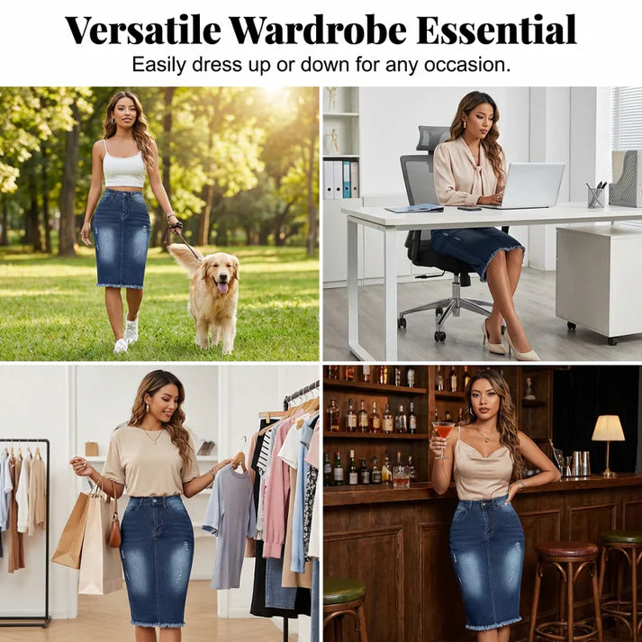 Women's High Waist Distressed Denim Midi Skirt