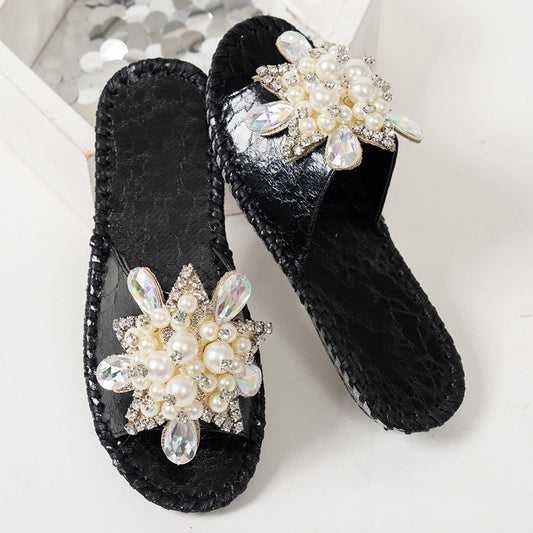 Women’s Pearl Rhinestone Embellished Flat Slide Sandals