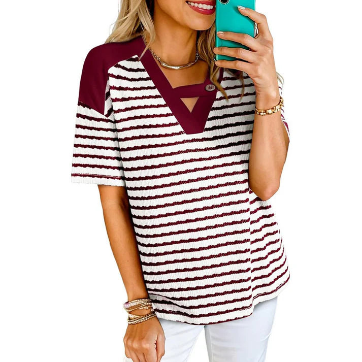 Women's Striped V-Neck Short Sleeve Top