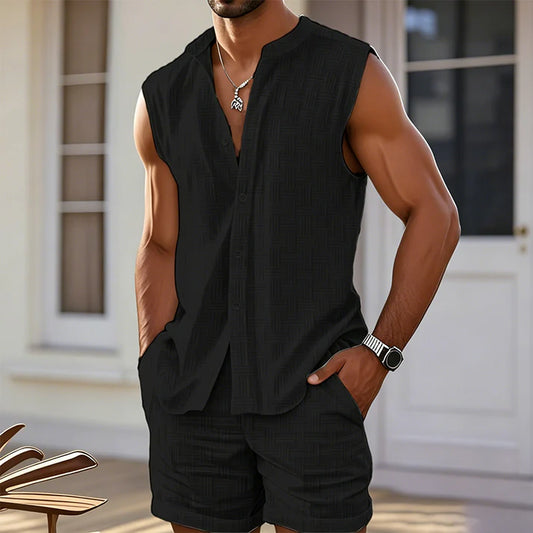 Men's Sleeveless Button Front Shirt & Shorts Set