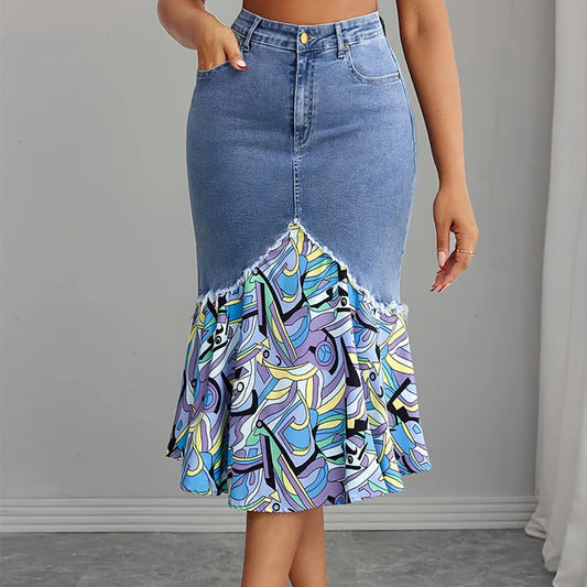 Women's High-Waist Patchwork Denim Midi Skirt