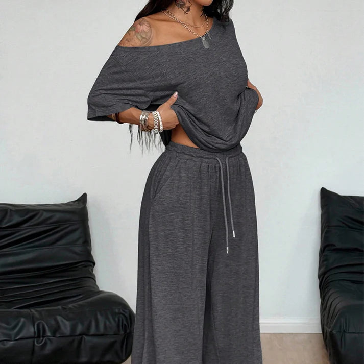 Women's Off-Shoulder Top & Wide-Leg Pants Set