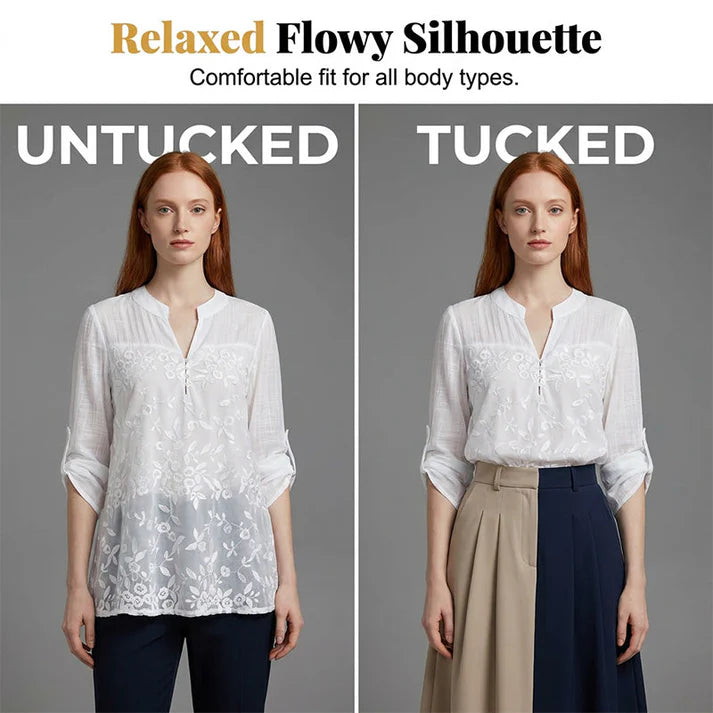 Women's Embroidered V-Neck Roll-Tab Sleeve Blouse