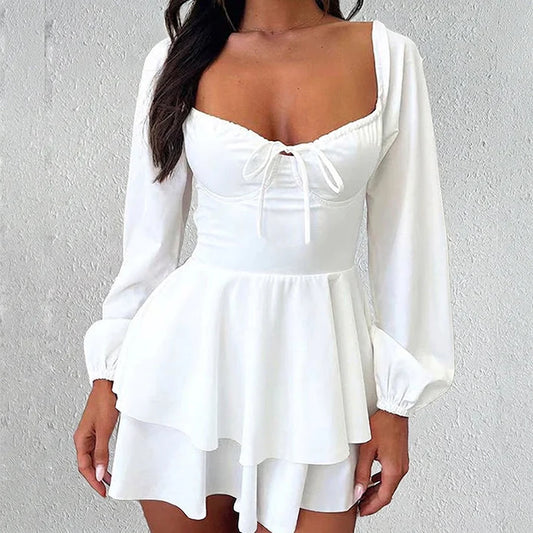 Women's Long Sleeve Sweetheart Neck Skort Dress