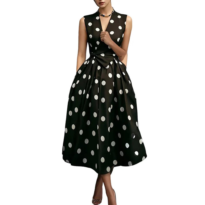Women's Polka Dot Sleeveless Wrap Midi Dress