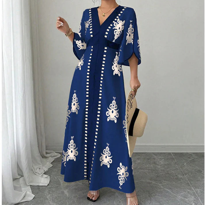 Women's V-Neck Printed Bell Sleeve Maxi Dress