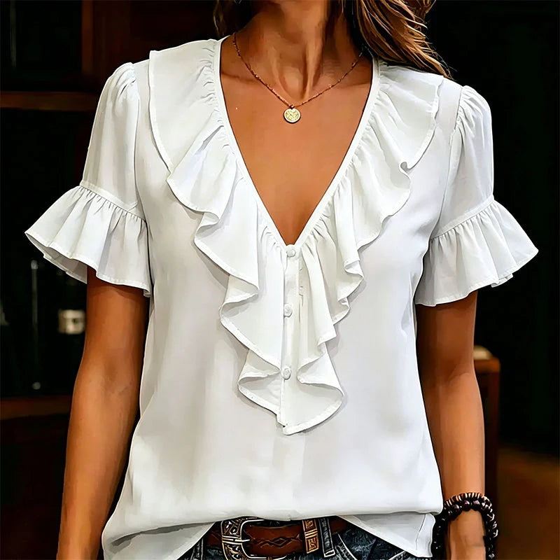 Women's Ruffle V-Neck Button Front Blouse