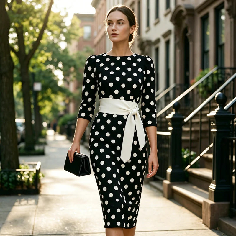 Women's Polka Dot Tie Waist Midi Dress