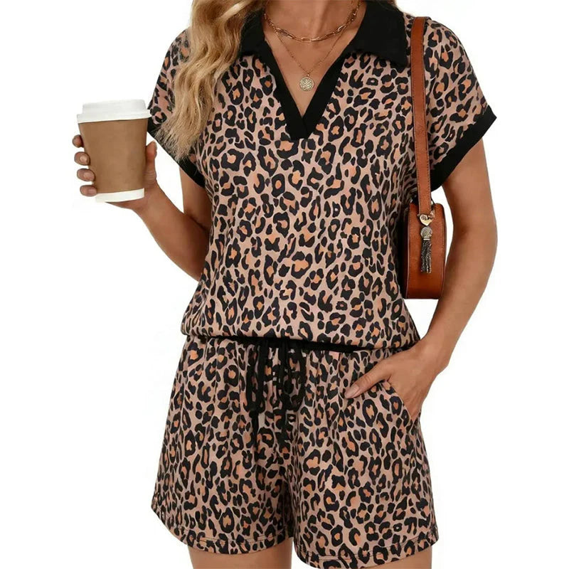 Women's Leopard Print Top & Shorts Set