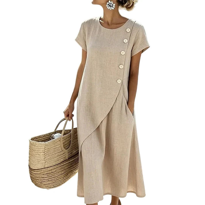 Women's Round Neck Button Detail Midi Dress