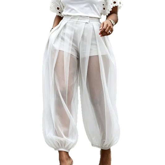 Women's Sheer Overlay Lantern Pants