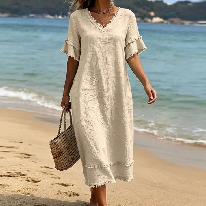 Women's V-Neck Ruffle Sleeve Midi Dress