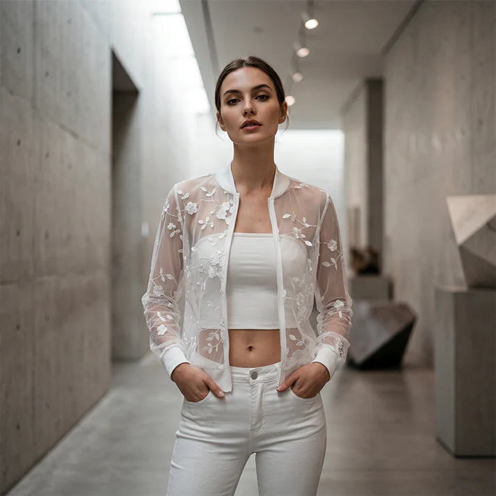 Women's Floral Embroidered Sheer Mesh Jacket