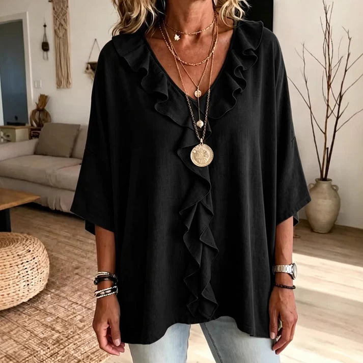 Women's V-Neck Ruffle Trim Blouse