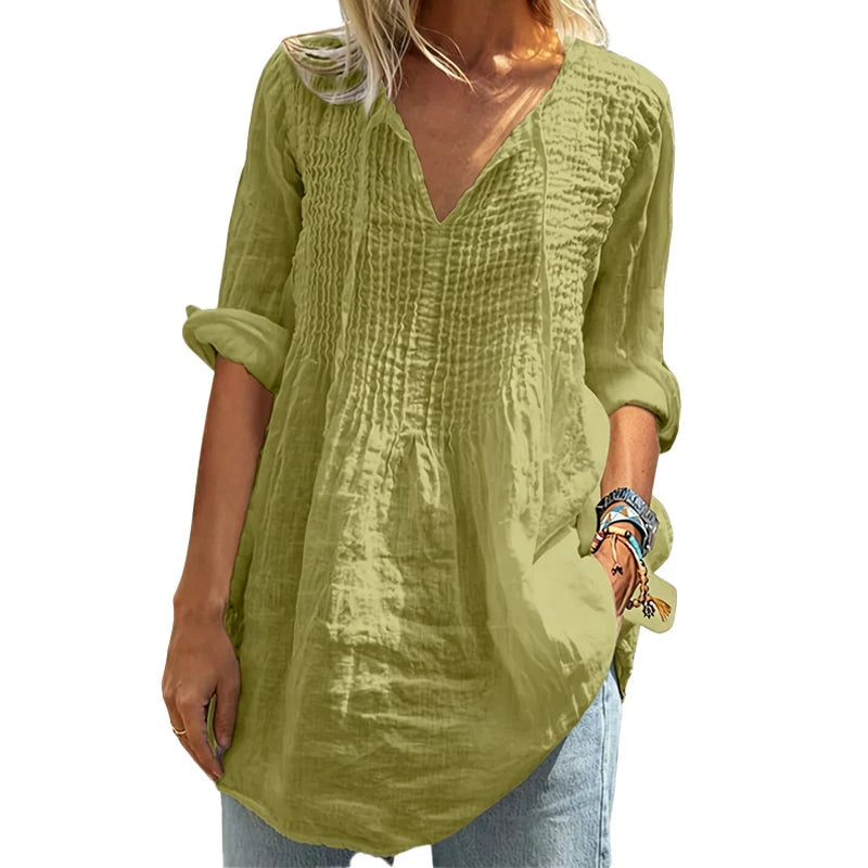 Women's Pleated V-Neck Casual Blouse