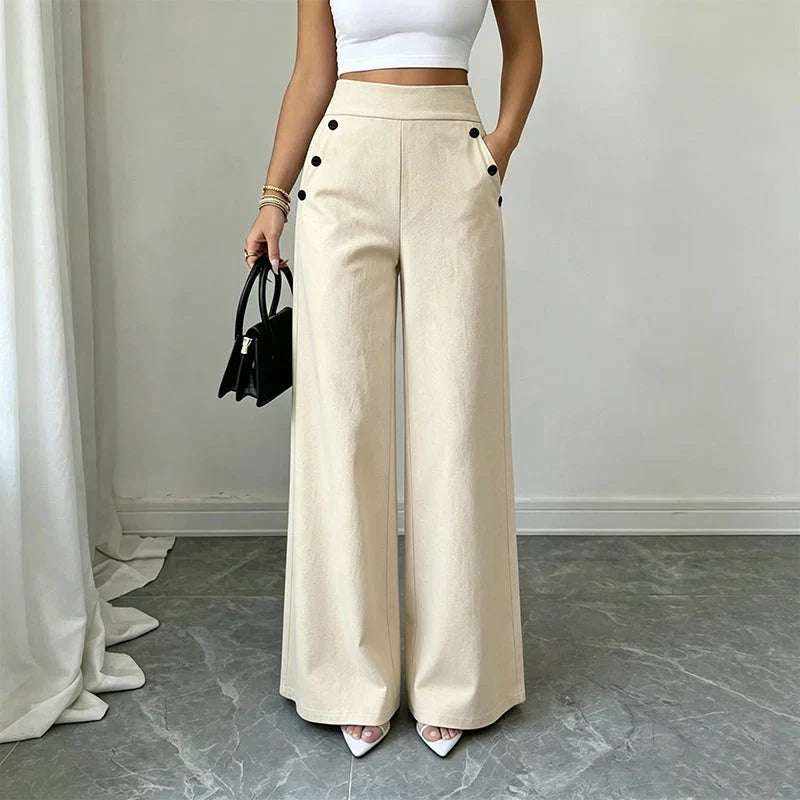 Women’s High-Waisted Wide-Leg Pants with Side Buttons