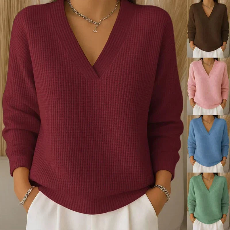 Women’s Casual Long-Sleeve V-Neck Waffle-Knit Top