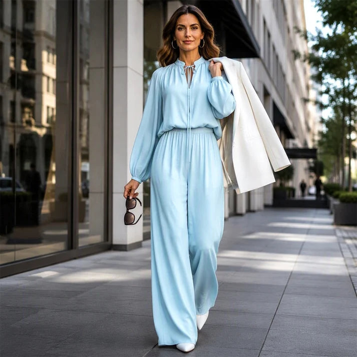 Women's Tie-Neck Top and Wide-Leg Pants Set