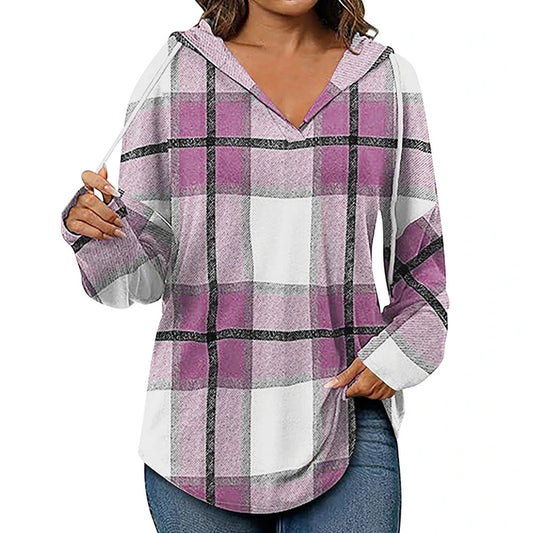 Women's Plaid Hooded V-Neck Top