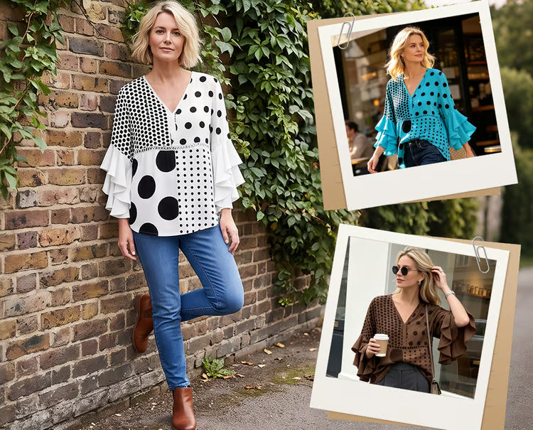 Women's Mixed Polka Dot V-Neck Blouse