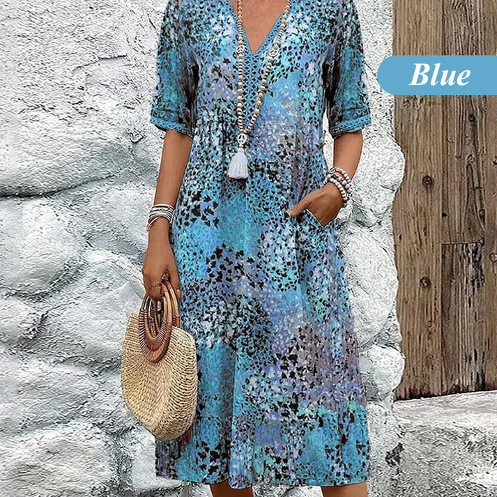 Women's Printed V-Neck Midi Dress