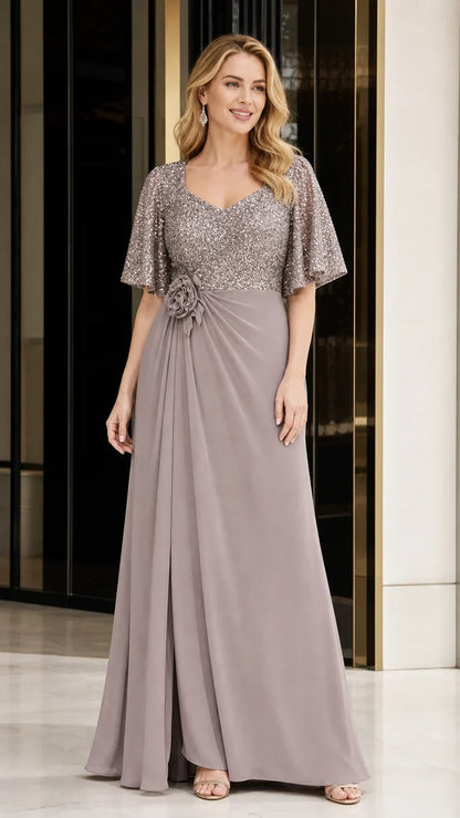 Women's Sequin Bodice Ruffle Sleeve Dress
