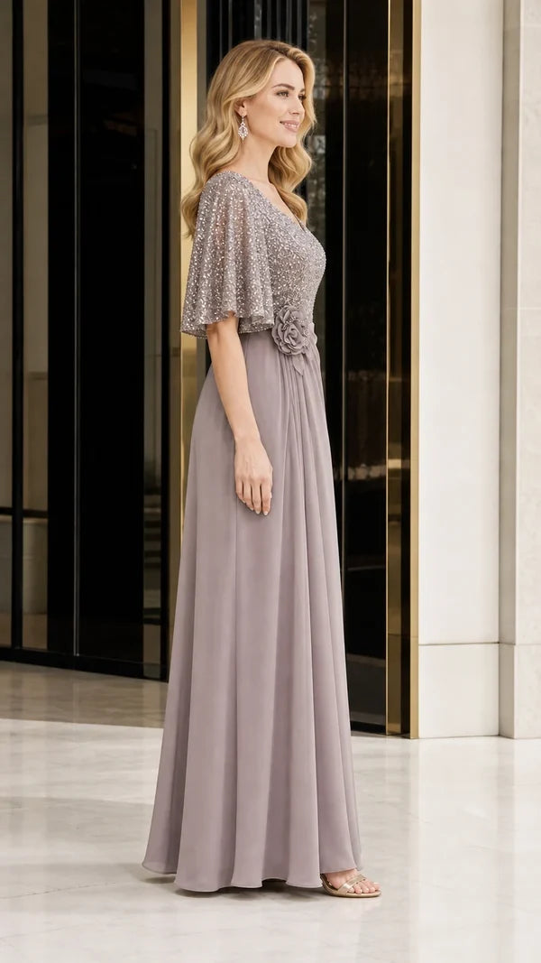 Women's Sequin Bodice Ruffle Sleeve Dress