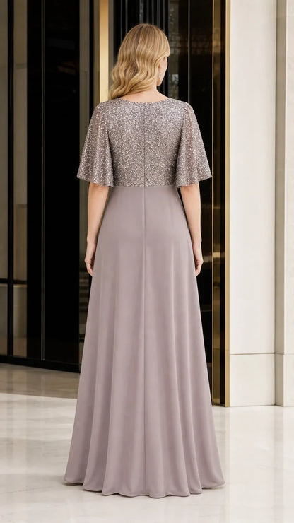 Women's Sequin Bodice Ruffle Sleeve Dress