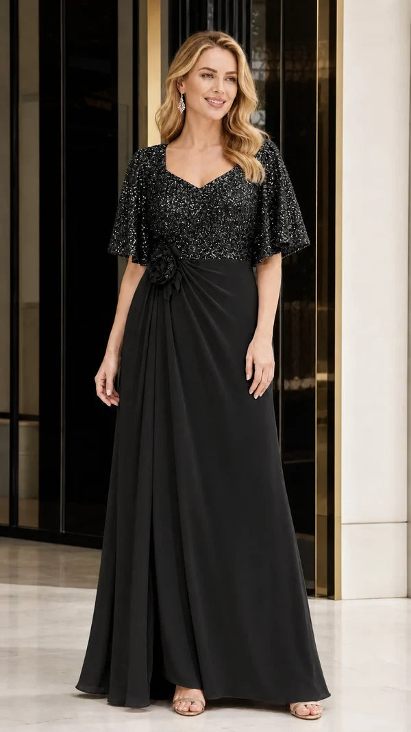 Women's Sequin Bodice Ruffle Sleeve Dress