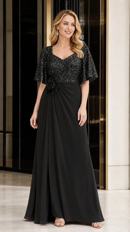 Women's Sequin Bodice Ruffle Sleeve Dress