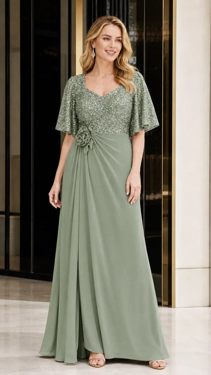 Women's Sequin Bodice Ruffle Sleeve Dress