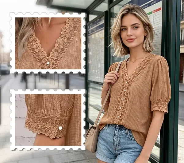 Women’s Lace Patchwork V-Neck Puff-Sleeve Blouse