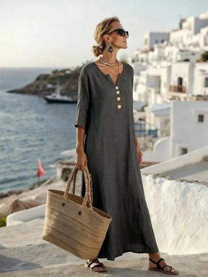 Women’s Relaxed V-Neck Button Detail Maxi Dress
