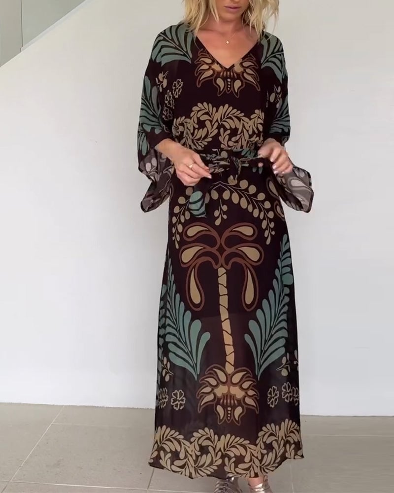 Women's Floral V-Neck Tie Waist Dress
