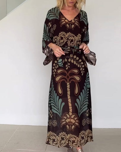 Women's Floral V-Neck Tie Waist Dress