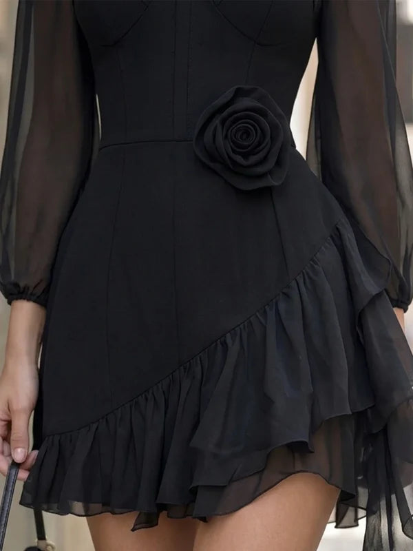 Women’s Sheer-Sleeve Rose Detail Ruffle Dress