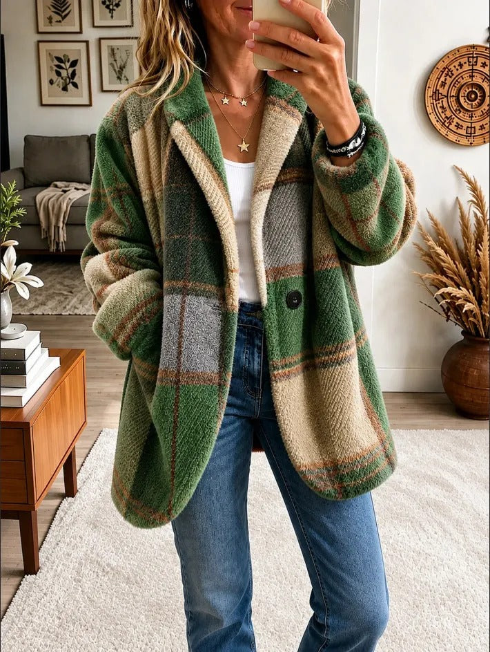 Women's Mixed-Color Plaid Lapel Coat