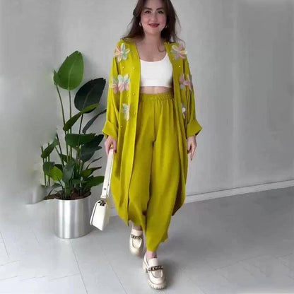 Women's Embroidered Kimono & Wide-Leg Pants Set