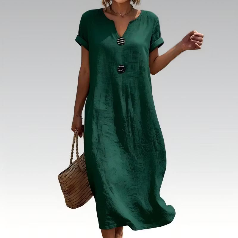 Women's Button-Front Short Sleeve Midi Dress
