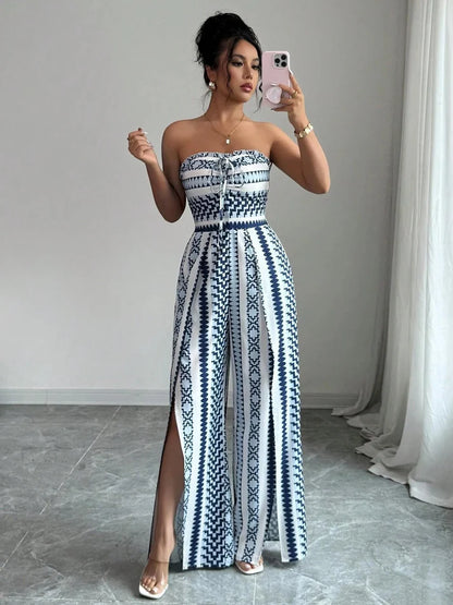 Women's Strapless Geometric Wide-Leg Jumpsuit