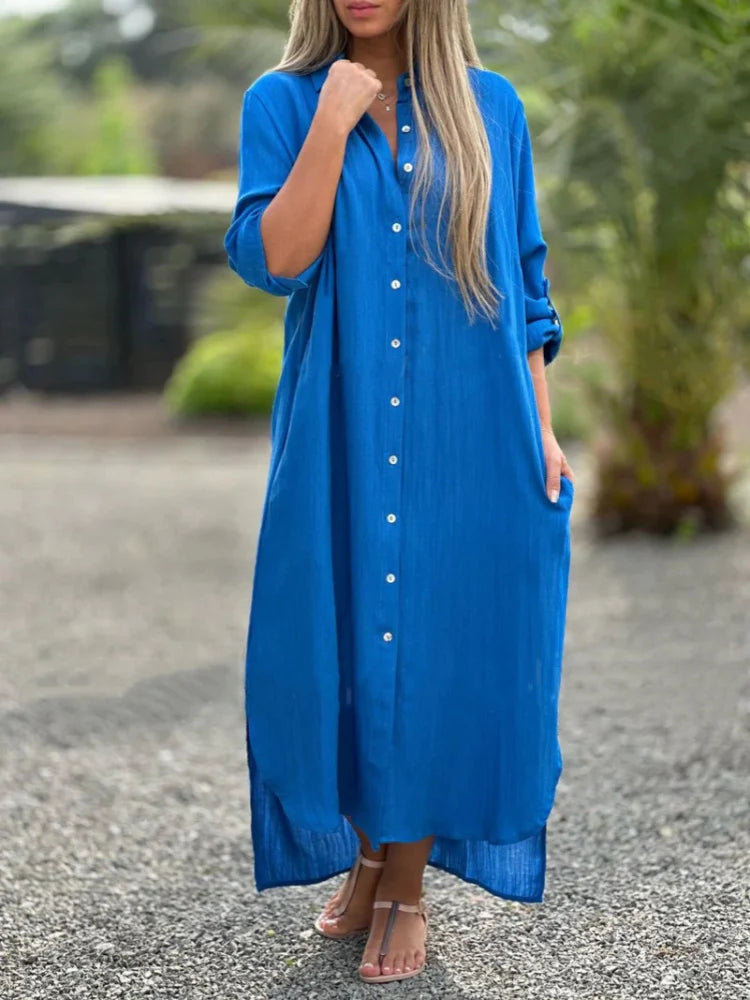 Women's Button-Front Long Sleeve Shirt Dress