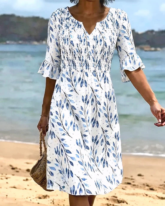 Women’s Smocked Printed Midi Dress with Ruffle Sleeves