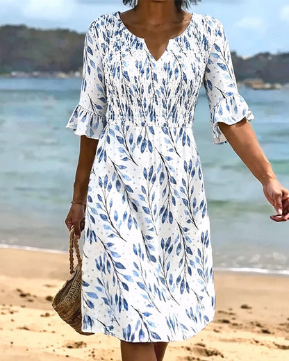 Women’s Smocked Printed Midi Dress with Ruffle Sleeves