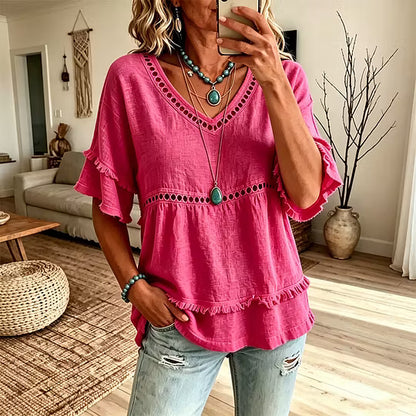 Women's V-Neck Ruffle Sleeve Tunic Blouse