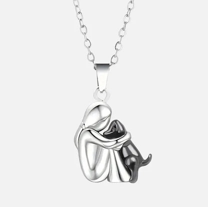 Human and Dog Hug Pendant Necklace