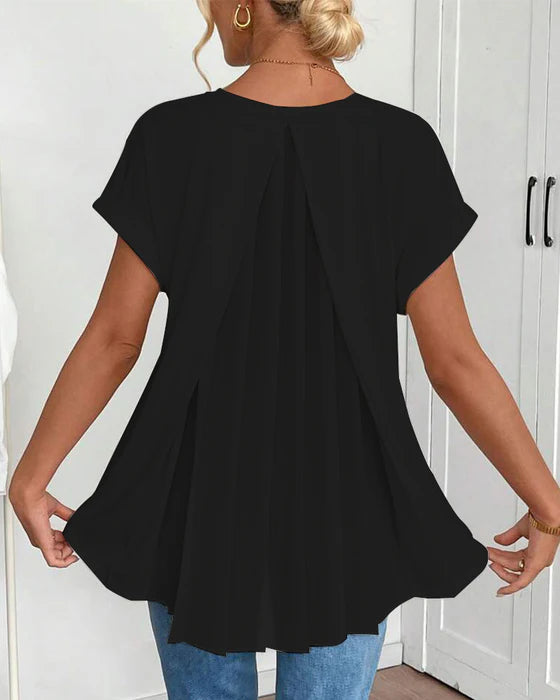 Women’s V-Neck Pleated Back Short-Sleeve Top