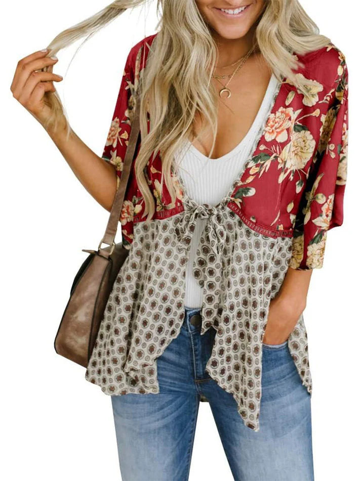 Women's Floral Patchwork Tie-Front Boho Cardigan