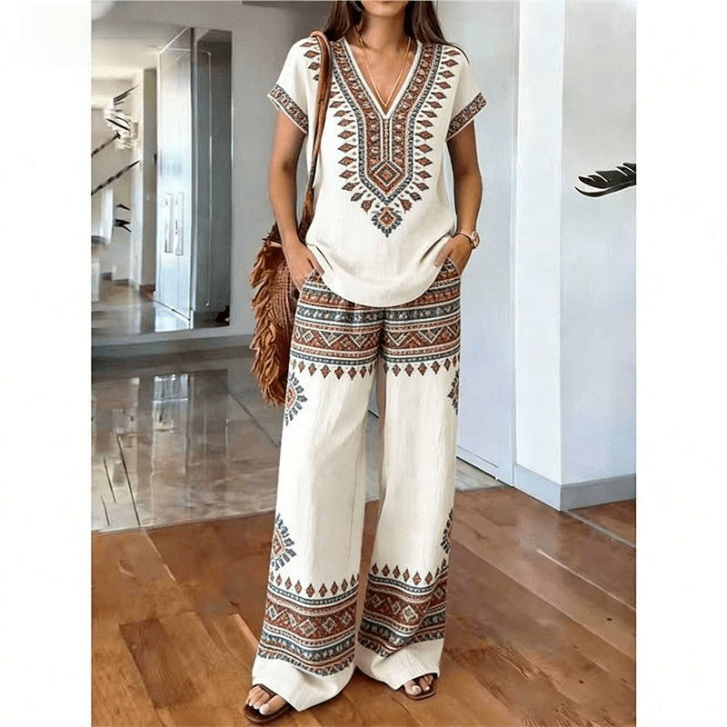 Women's Printed V-Neck Two-Piece Lounge Set