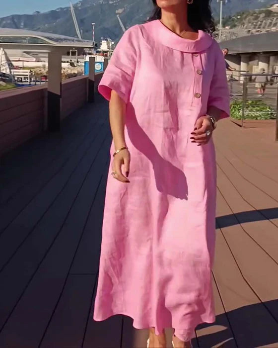 Women’s Loose Fit Button Detail Short Sleeve Maxi Dress