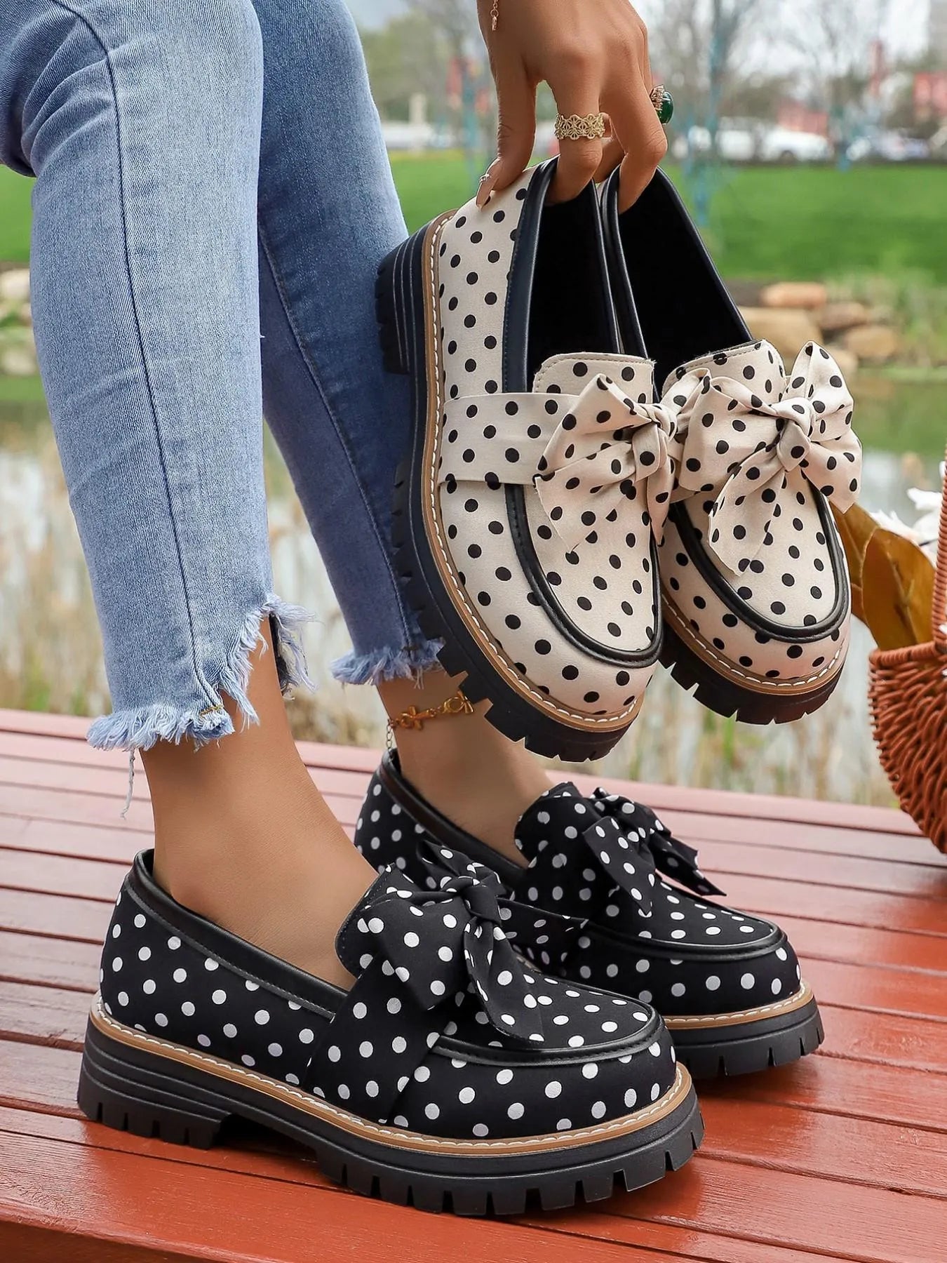 Women's Polka Dot Bow Detail Platform Loafers